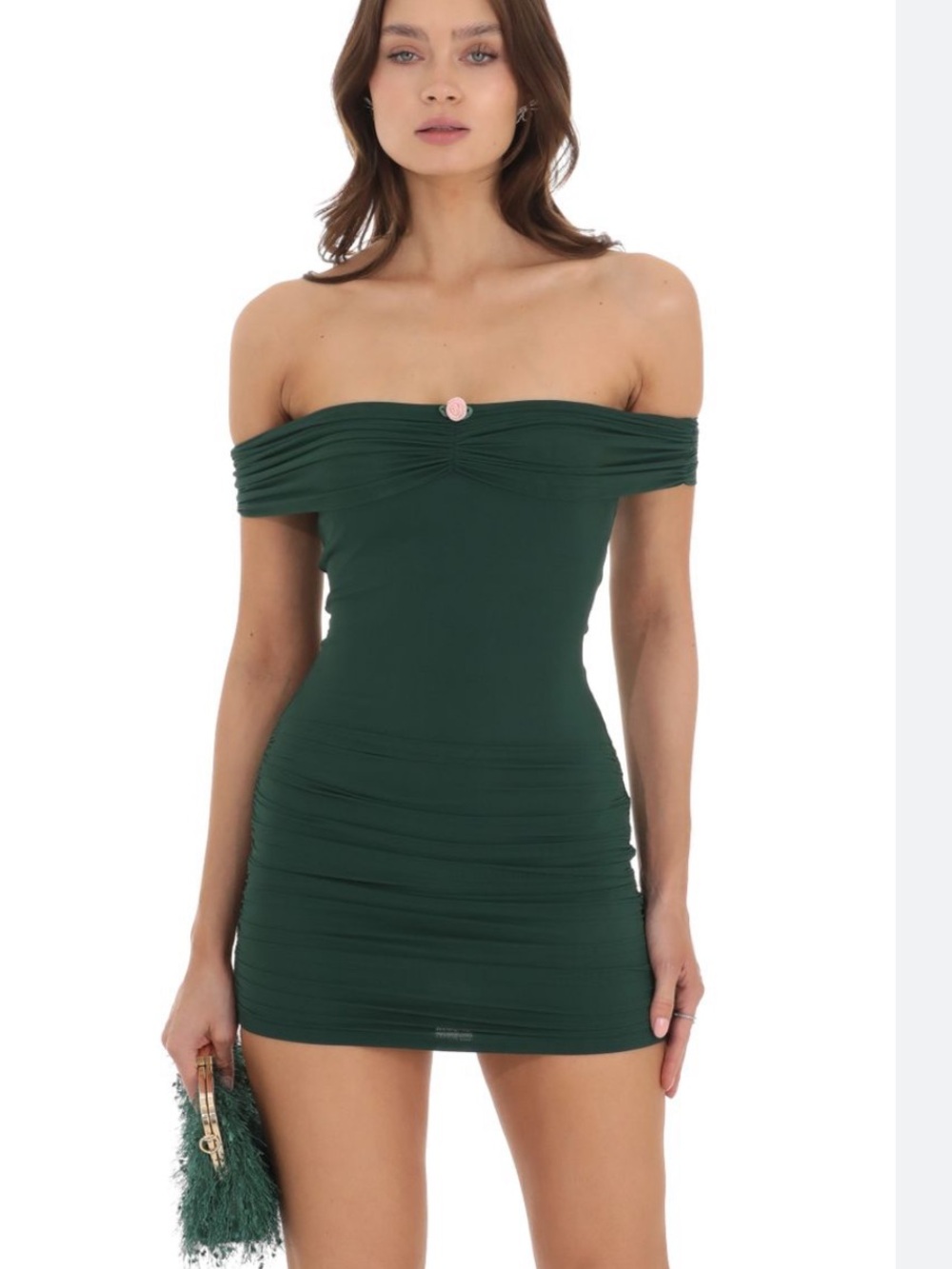 Lucy in the Sky Off-Shoulder Forest Green Ruched Mesh Bodycon Mini Dress